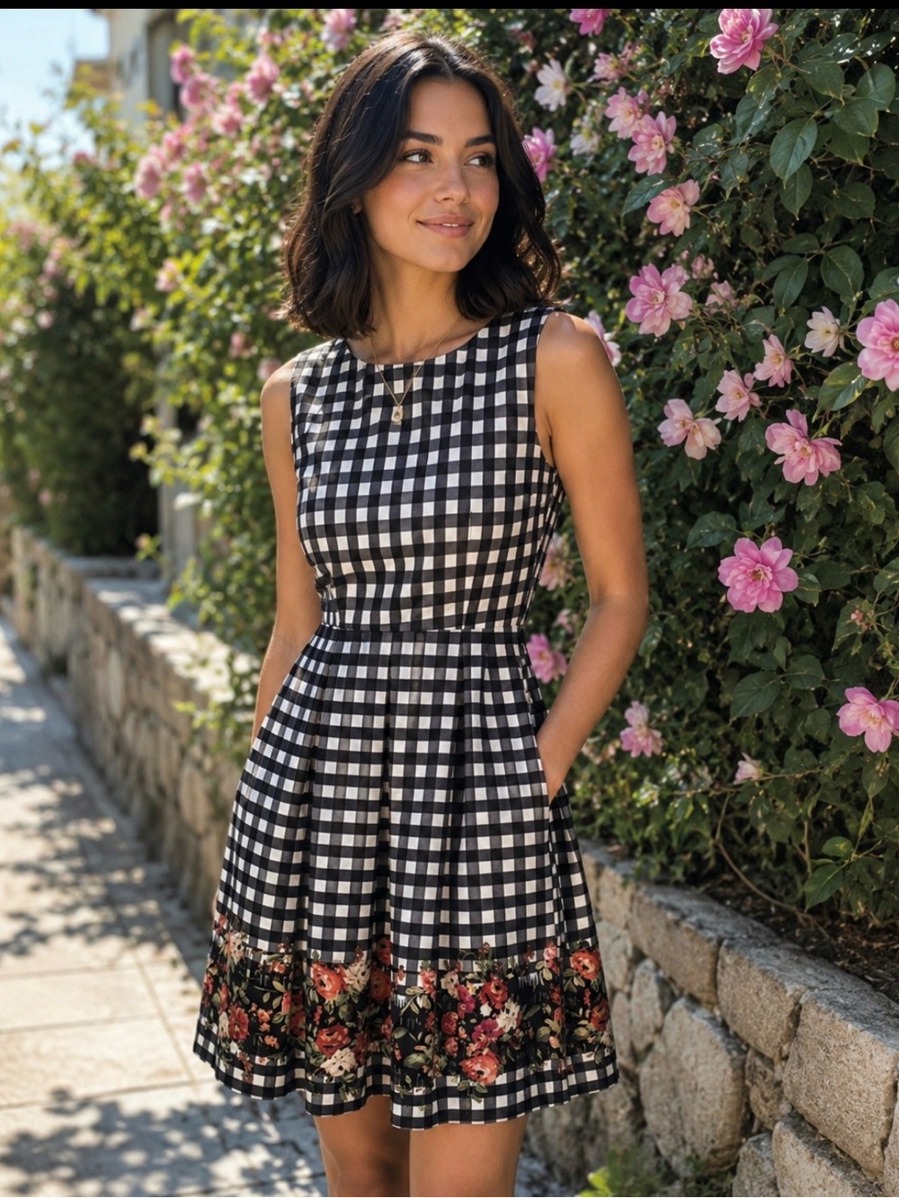 Sleeveless Black and White checkered fit and flare dress with floral border 10